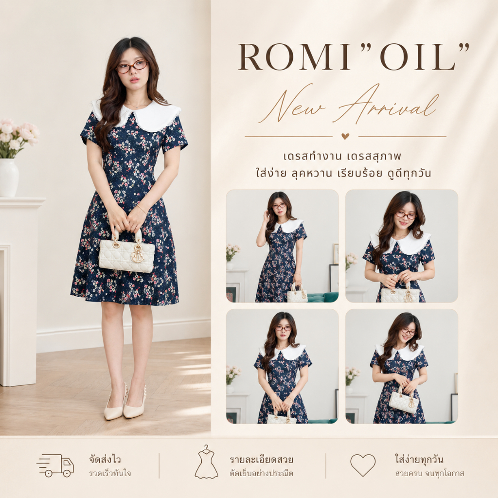 "Romi"Oil" K409 ชุดเดรสสีกรม (คอบัวแต่งลูกไม้)