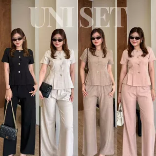 Uni Set:: ชุดเซ็ท 2 ชิ้นขายาว ชุดเซ็ทขายาว เสื้อคอกลมแขนสั้นแต่งกระดุมทอง ชายล่างแต่งจีบ ทำงาน BETTY (B072)