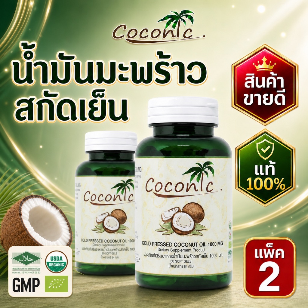 Coconic extra virgin coconut oil capsule pack2 (น้ำมันมะพร้าวสกัดเย็นอัดเม็ด แพค2) เม็ดละ1000มิลลิกรัม กระปุกละ 60 เม็ด