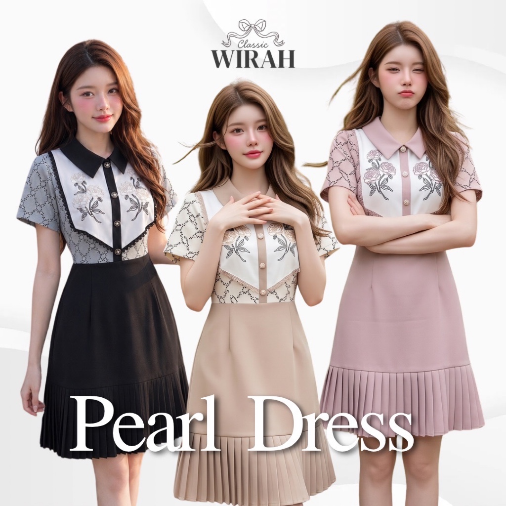 FW173pearl dress.ชุดเดรสสั้นทรงเข้ารูป ท่อนบนผ้าลินินพิมพ์ลายสี่เหลี่ยมข้าวหลามตัด 					 ปกบัวแหลม ผ้าพืนแต่งสาบหน้าติดก