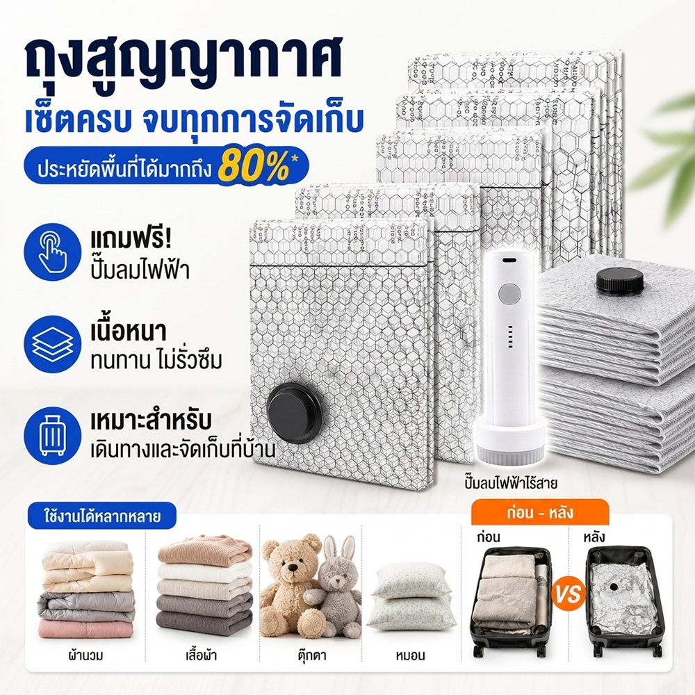 [พร้อมส่ง] ถุงสูญญากาศ พร้อมปั๊มไฟฟ้าชาร์จได้ ถุงประหยัดพื้นที่ สำหรับจัดเก็บเสื้อผ้า ผ้าห่ม กระเป๋าเดินทาง