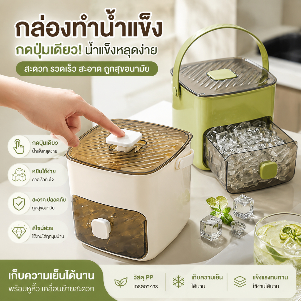 กล่องทำน้ำแข็ง 2 ชั้น แบบกดปล่อย มีลิ้นชักเก็บน้ำแข็ง มีหูหิ้ว วัสดุเกรดอาหาร