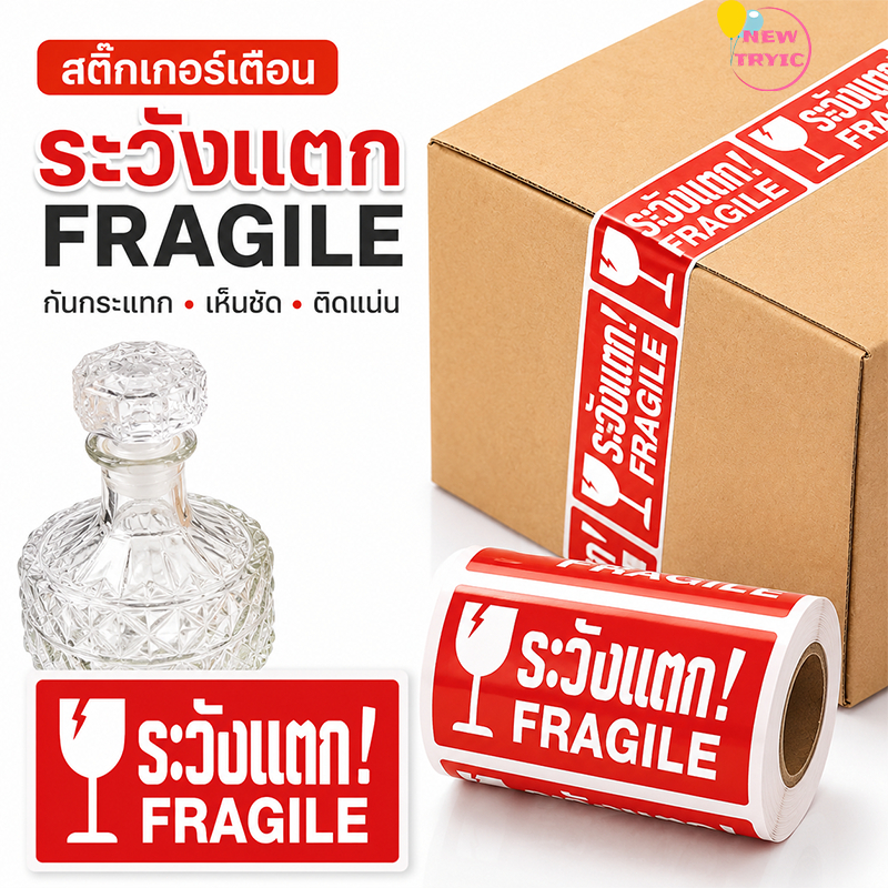 ระวังเเตก เทประวังแตก ระวังแตก fragile sticker ระวังแตก เทป สติกเกอร์ สีแดง เหมาะสำหรับกล่องแพ็คขนส่ง