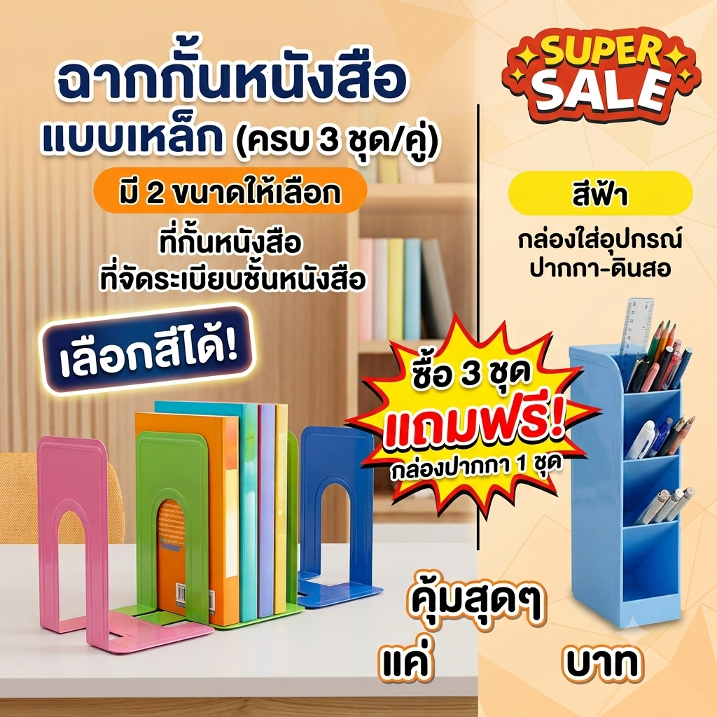 ( 1 ชุด 2 ชิ้น) ฉากกั้นหนังสือ แบบเหล็ก มี 2 ขนาดให้เลือก ที่กั้นหนังสือ ที่จัดระเบียบชั้นหนังสือ