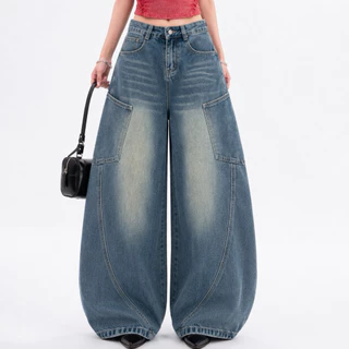 JINJEANS-589 (XS-6XL) กางเกงยีนส์คาร์โก้สีสนิม ทรงบาเรล กระเป๋าเฉียงสวยมาก พร้อมส่งจากไทย