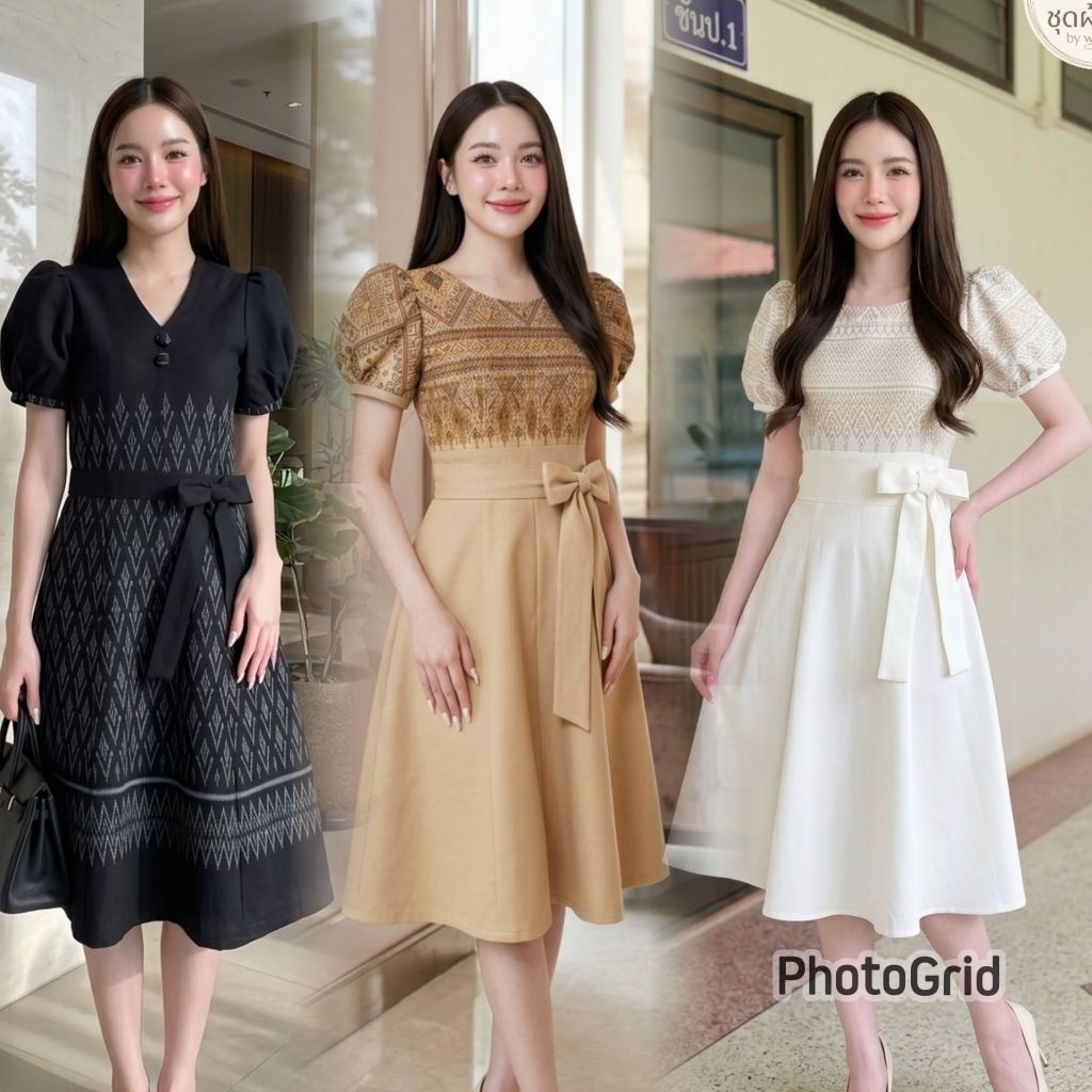 เดรสผ้าฝ้าย ผ้าไทยแขนตุ๊กตา แต่งโบว์เอวน่ารักมาก (กรุณาอ่านรายละเอียดให้ดีก่อนสั่งซื้อนะคะ)