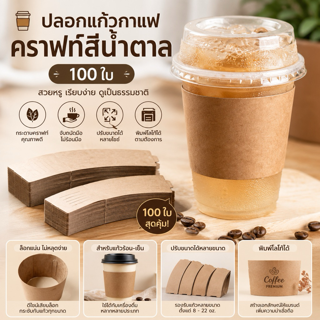100 ใบ ปลอกแก้วกาแฟคราฟท์ ปลอกสวมแก้วกระดาษสีน้ำตาล ปรับขนาดได้ Coffee Sleeve
