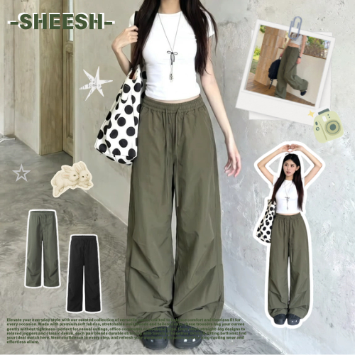 SHEESH กางเกงลำลองขากว้างสไตล์เกาหลี unisex เอวยางยืดสบาย มี2เฉดสี ดำและเขียวทหาร ไซส์Mถึง3XL กางเกงทำงานแฟชั่นอินส์