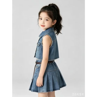 BB352 เซตเสื้อเวสต์คอปกผ้ายีนส์+กระโปรงพลีทเด็กผู้หญิง ผ้าคุณภาพนุ่ม ใส่สบาย อายุ 2-12 ปี