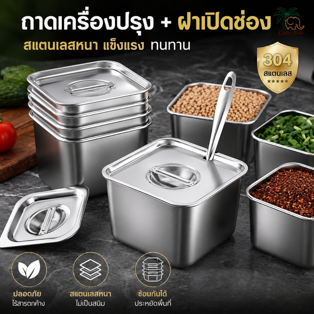 กล่องสแตนเลส 304 สี่เหลี่ยมมีฝาปิด หลายขนาด ผนังหนา ซ้อนได้ ป้องกันกลิ่น เก็บอาหาร ครัวบ้าน ร้านอาหาร