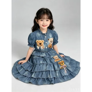MC355 ชุดกระโปรงกางเกง 2 ชิ้นเซตเด็กผู้หญิง ผ้าฝ้ายระบายอากาศ เสื้อสั้นโชว์เอว ลายตุ๊กตาหมี น่ารักใส่ประจำวัน