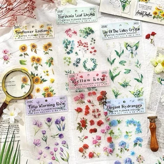[พร้อมส่ง] DIY สติ๊กเกอร์ 6PC/ชุด ดอกไม้ ใบไม้ เดซี่ กุหลาบ ขอบใส กันน้ำ Daisy Rose Flower PET Clear Transparent Sticker