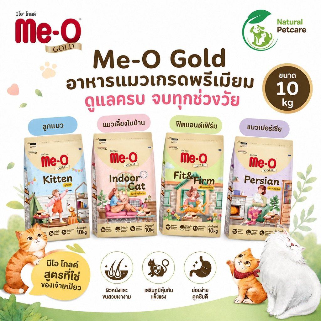 Me-O Gold อาหารแมวพรีเมียม 10 kg สูตร Kitten / Indoor Cat / Fit & Firm / Persian ครบทุกช่วงวัย