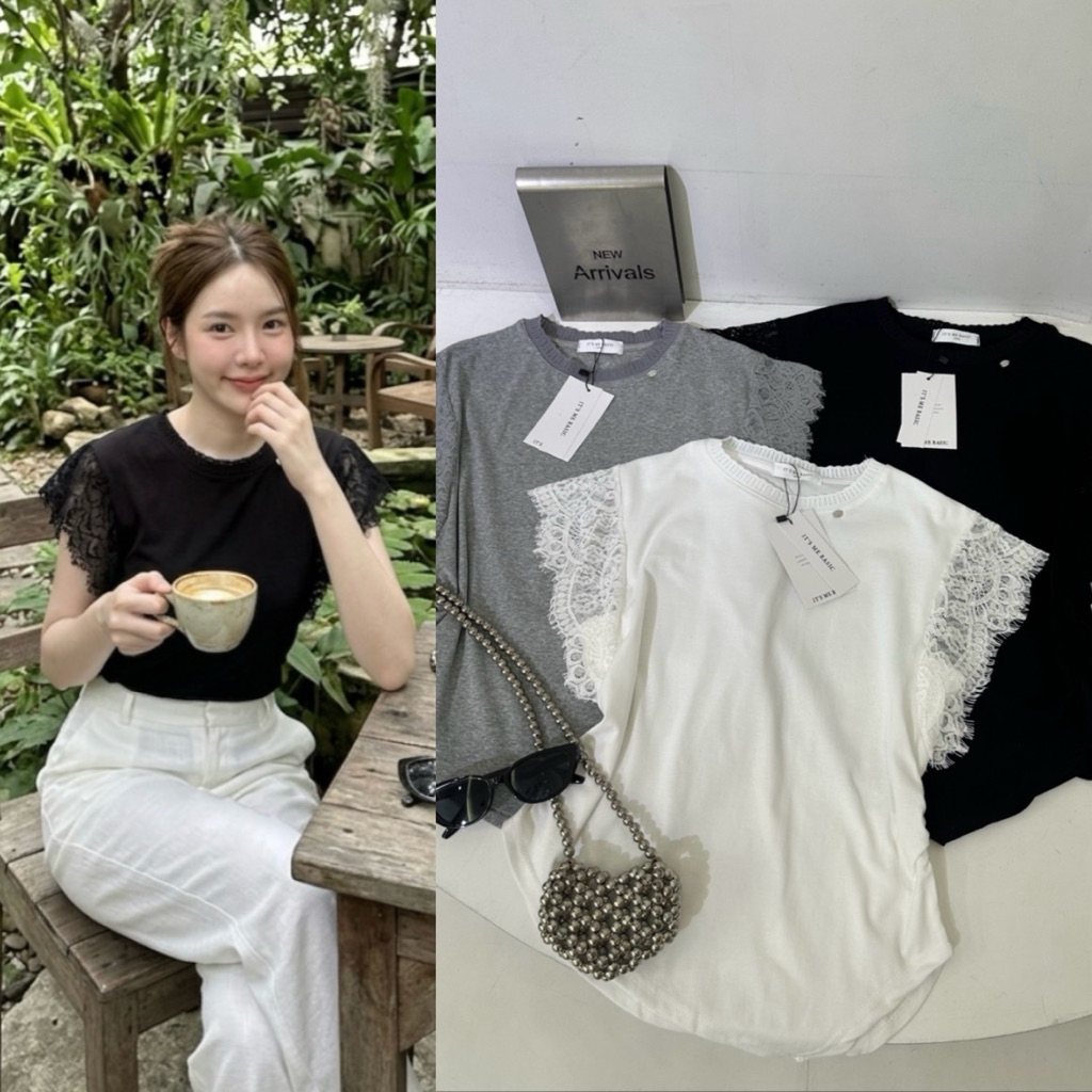 เสื้อยืดแต่งลูกไม้ระบายแขนสวยมากก