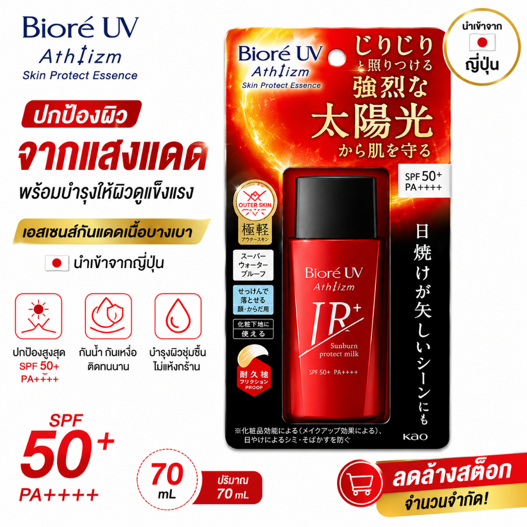 แนะนำ Biore UV Athlizm Skin Protect Essence Protect MilkSPF50+ PA++++70g. กันแดดป้องกันแดด...