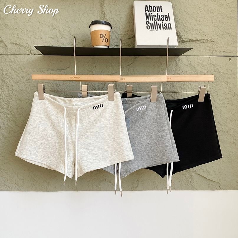 cherryshop พร้อมส่ง กางเกงขาสั้นสีเทาเอวยางยืดขากว้างทรง A ดีไซน์ใหม่ สำหรับผู้หญิงฤดูร้อน เอวสูง