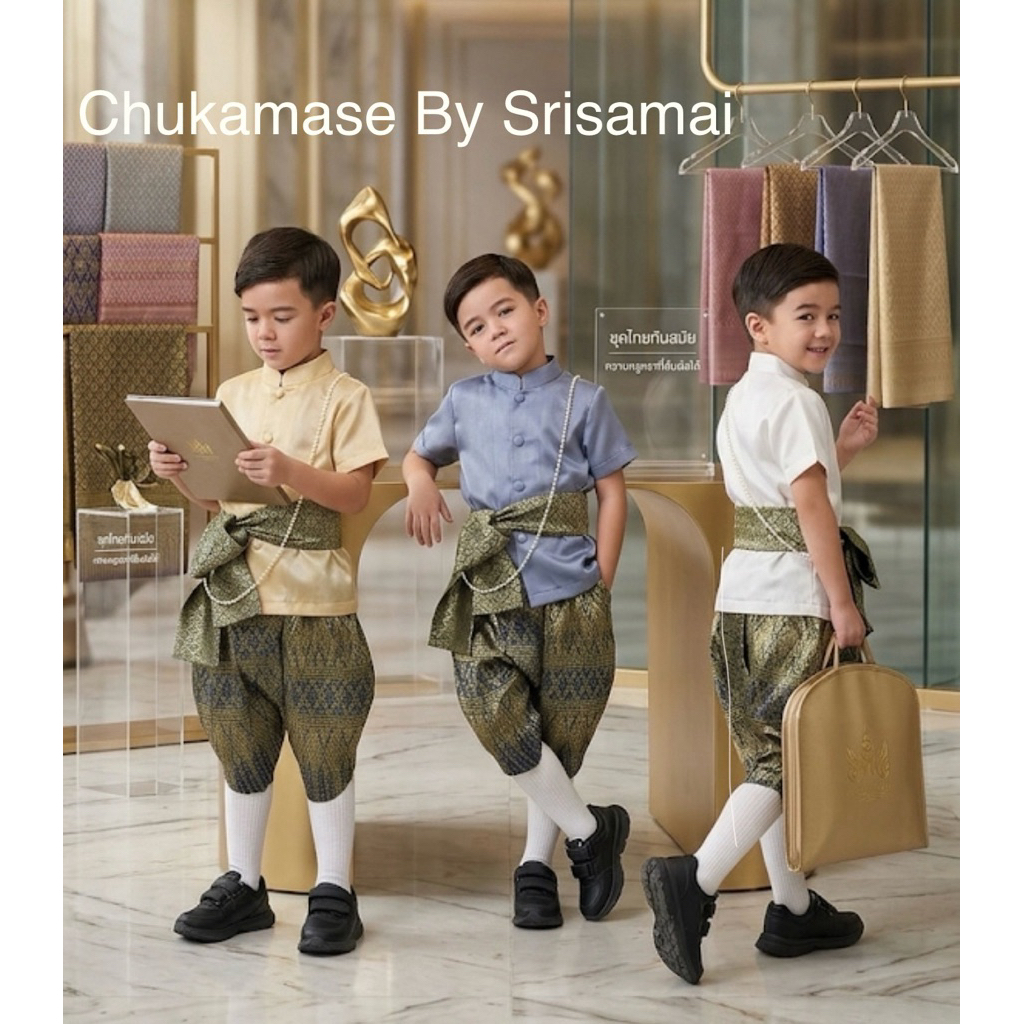 ชุดไทยเด็กผู้ชายใช้ผ้าไหมอิตาลีสีฟ้า โจงกระเบนผ้าไหมไทยทอลายสีน้ำเงิน ผ้าจะเปลี่ยนไปตามลายของผ้าที่ทางร้านมี ณ ปัจจุบัน