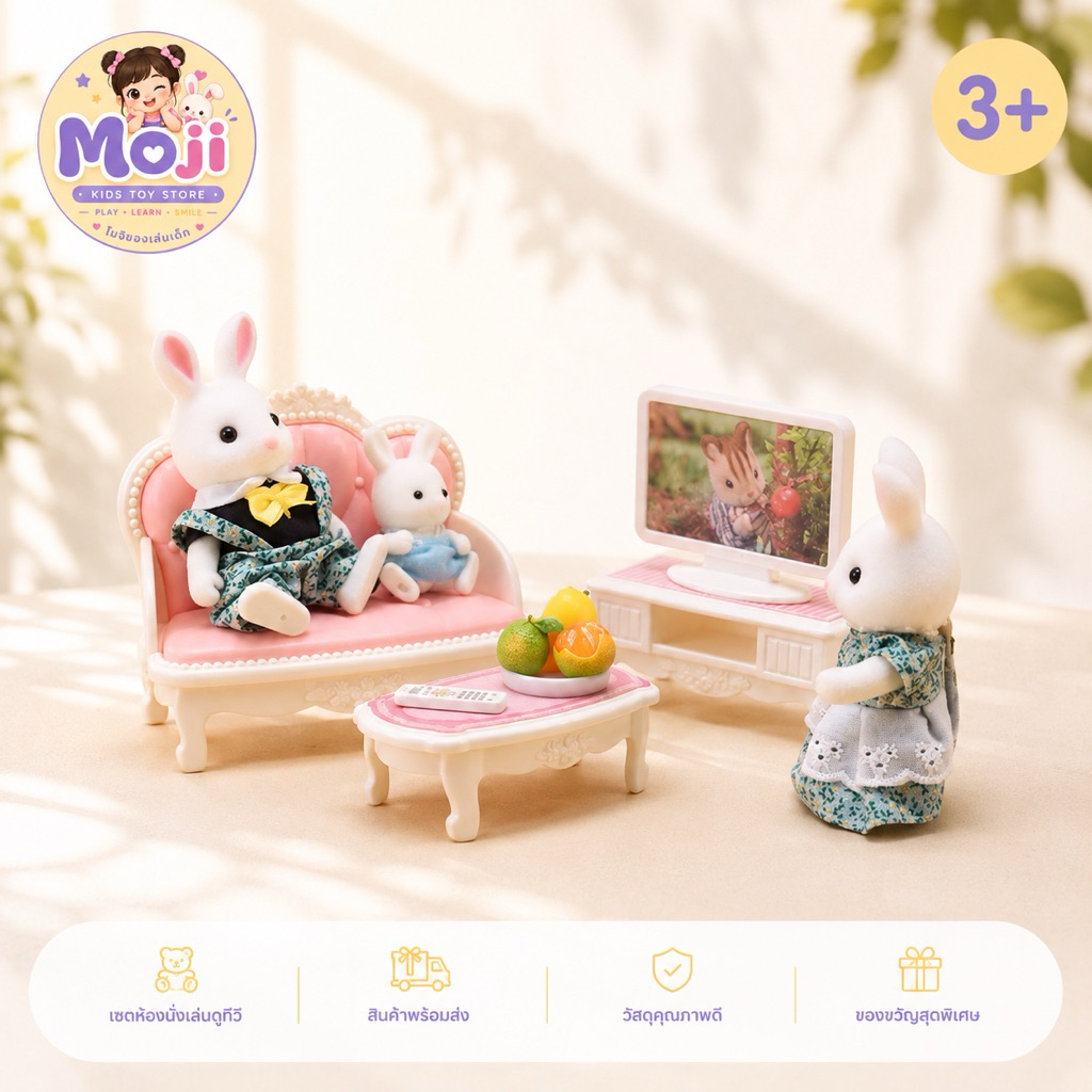 เซตห้องนั่งเล่นดูทีวี สำหรับบ้านตุ๊กตากระต่าย พร้อมโซฟา ชั้นวางทีวี รีโมต ธีมสีชมพู น่ารัก หวานมากๆ