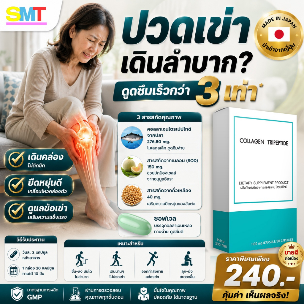 คอลลาเจนข้อต่อ คอลลาเจนข้อเข่า ปวดเข่า พยุงเข่า CLT COLLAGEN ญี่ปุ่น 20 เม็ด