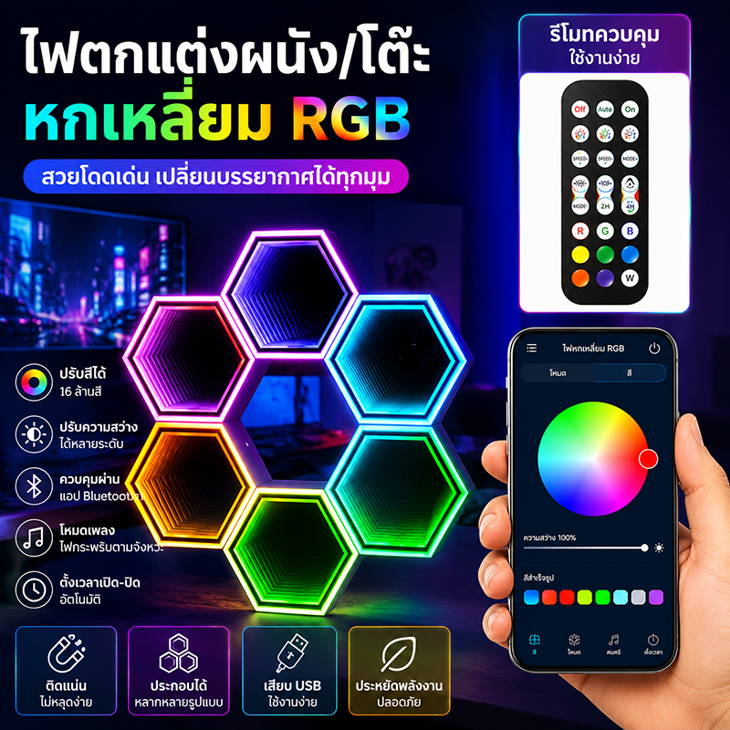 สุดคุ้ม! ไอเดียของขวัญดีๆ ไฟตกแต่งผนัง LED หกเหลี่ยมรูปรังผึ้ง 3/6/10/12 ชิ้น 16 ล้านสี พร้อมรีโมท ราคาพิเศษ พร้อมส่ง