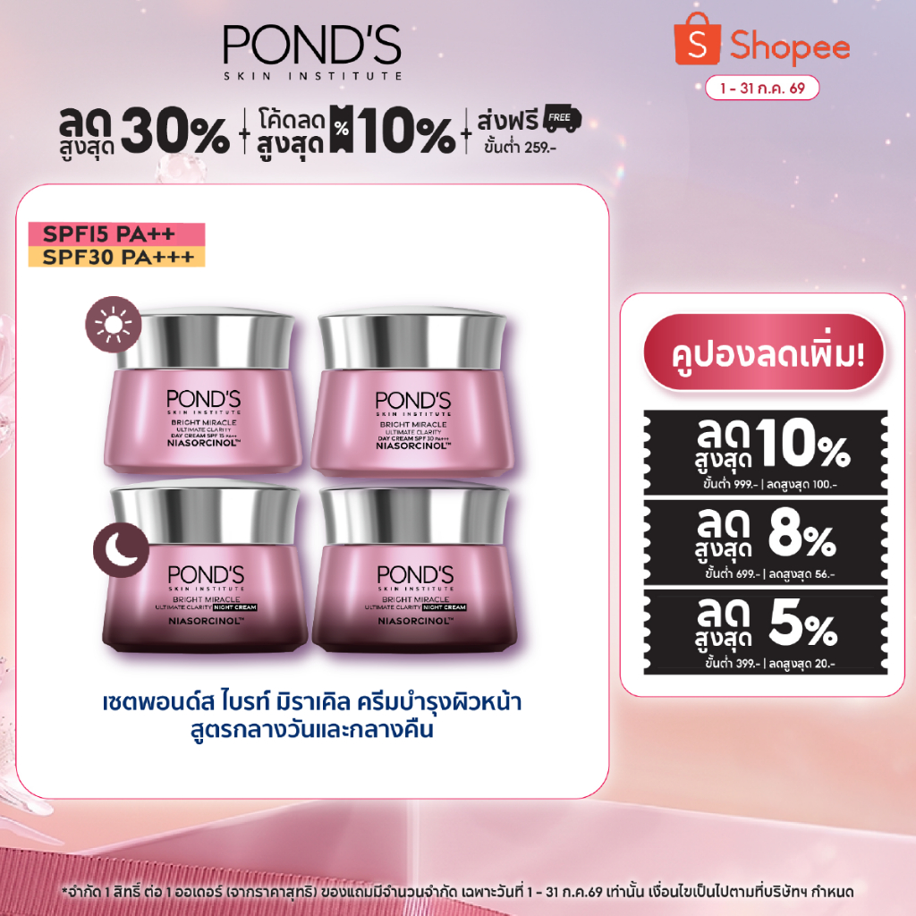 [เลือกสูตรข้างใน]พอนด์ส ไบรท์ มิราเคิล ครีมหน้าใสสูตรกลางวันและกลางคืน ลดรอยดำใน7วัน ล็อคผิวชุ่มชื้น ไนอาซอร์ซินอล 45 ก.