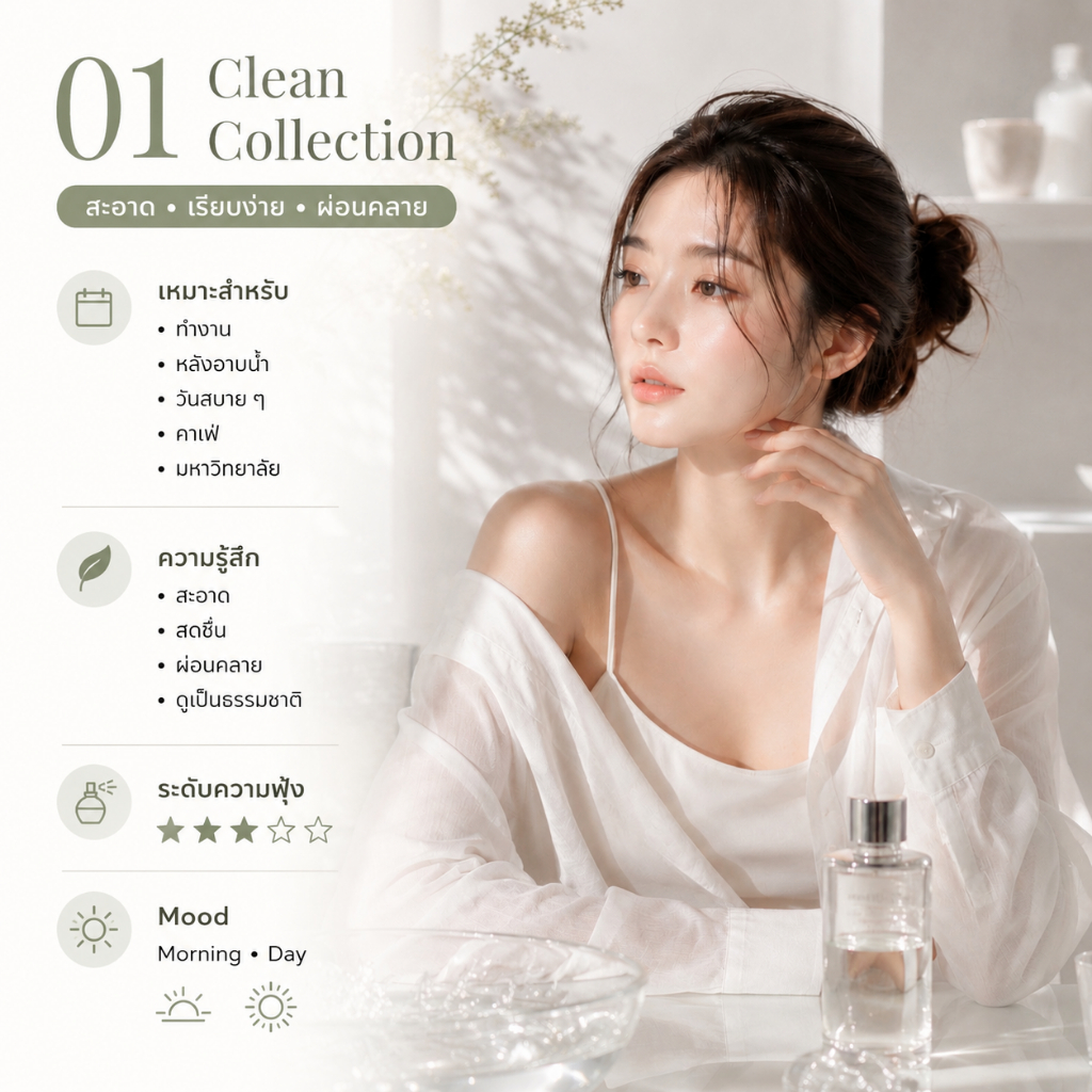 น้ำหอม 𝑪𝒍𝒆𝒂𝒏 𝑪𝒐𝒍𝒍𝒆𝒄𝒕𝒊𝒐𝒏 โทนกลิ่นสะอาด เรียบง่าย ผ่อนคลาย
