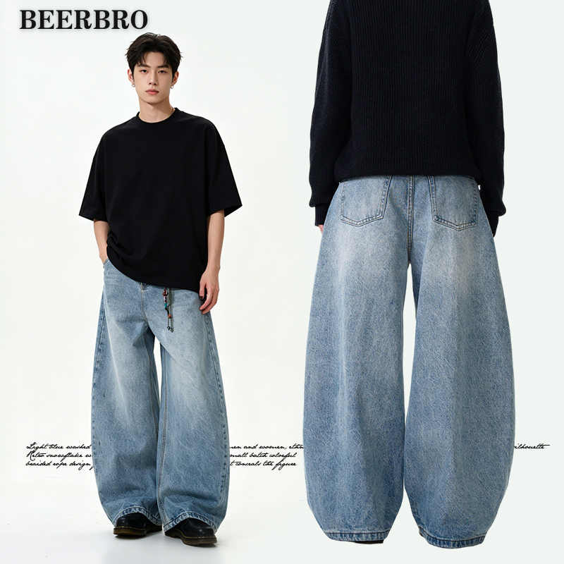 beerbroth-กางเกงยีนส์ตรงผู้ชาย ขายาว สีฟ้าอ่อน ทรงหลวม ขนาดใหญ่ แนวสตรีท baggyjeans หลวมสบายๆคุณภาพสูงสไตล์อเมริกัน