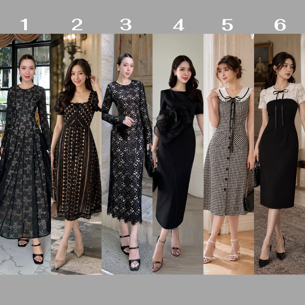 S-XXL เดรสลูกไม้สีดำ เดรสเรียบหรู ชุดทำงาน old money