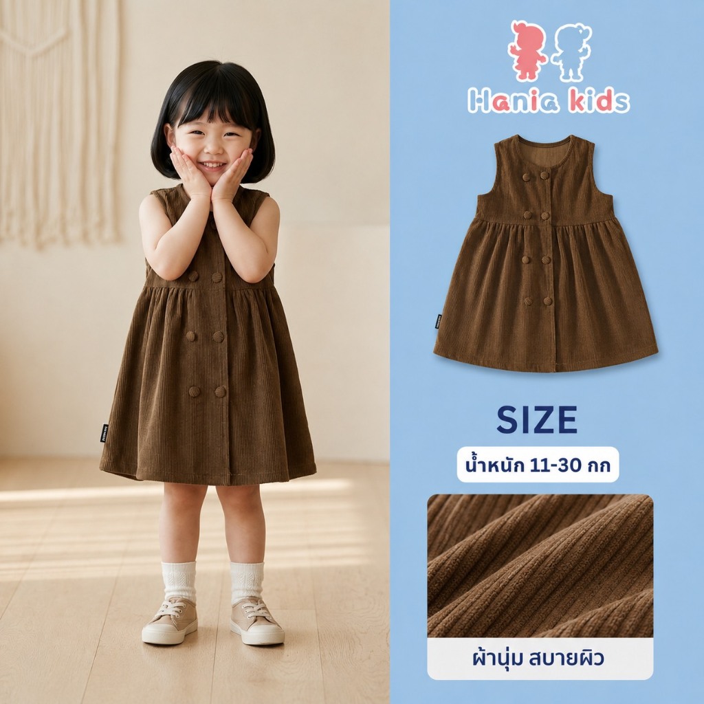 Hania kids พร้อมส่ง เดรสแขนกุดเด็กผู้หญิง ลุควินเทจ สีน้ำตาลอบอุ่น - K5135833