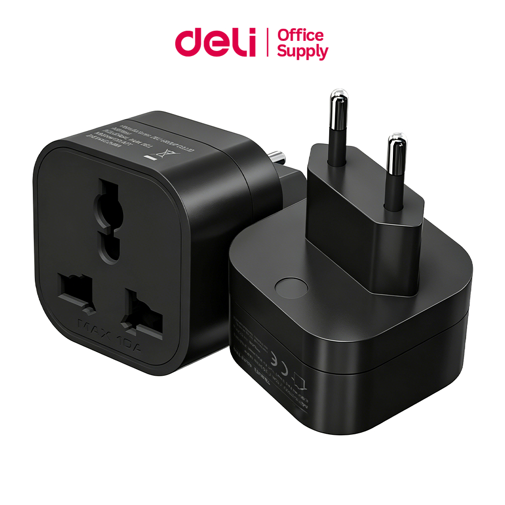 Deli ปลั๊กแปลง หัวปลั๊กEU ปลั๊กขากลม พกกาง่าย 2500w สีดำ Universal Adapter-EU