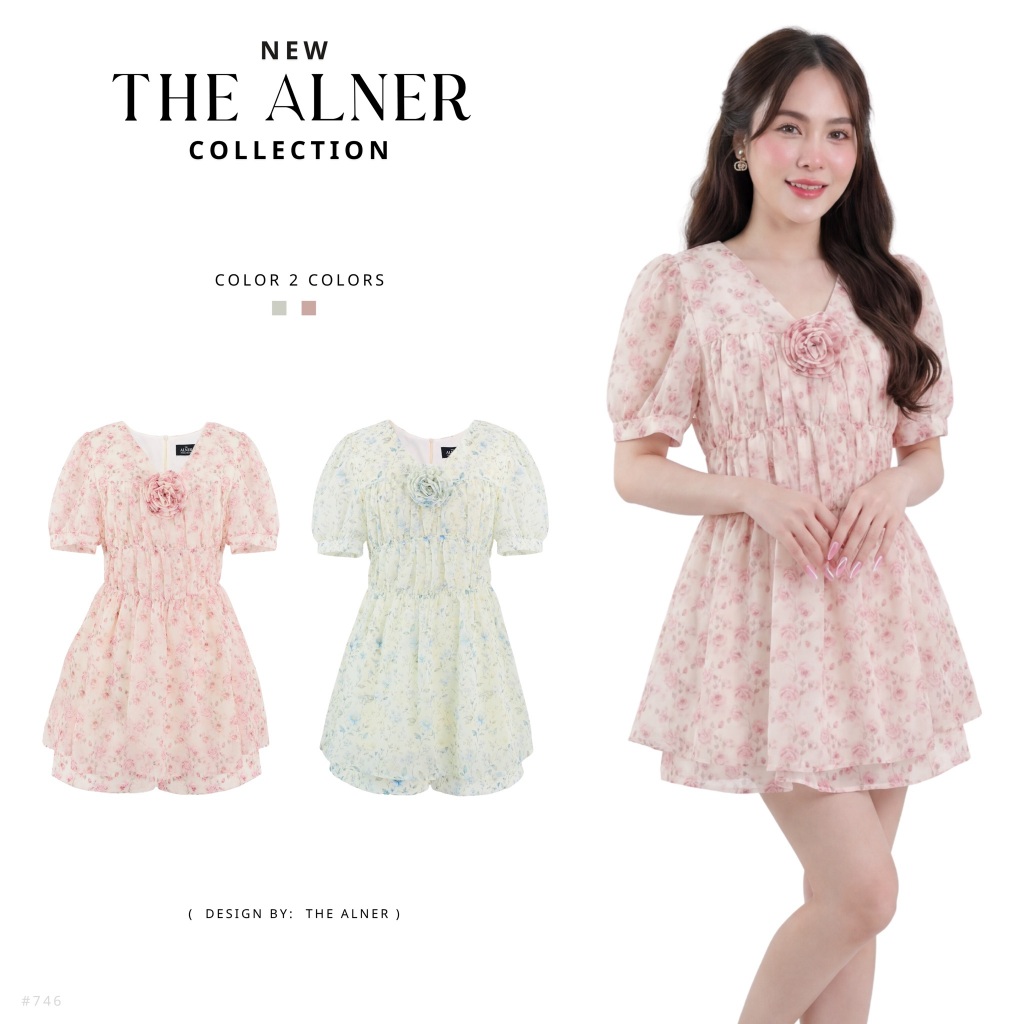 Thealner-AN746 (เซตเสื้อลายดอกคอวีแต่งดอกแขนตุ๊กตากางเกงขาสั้น)