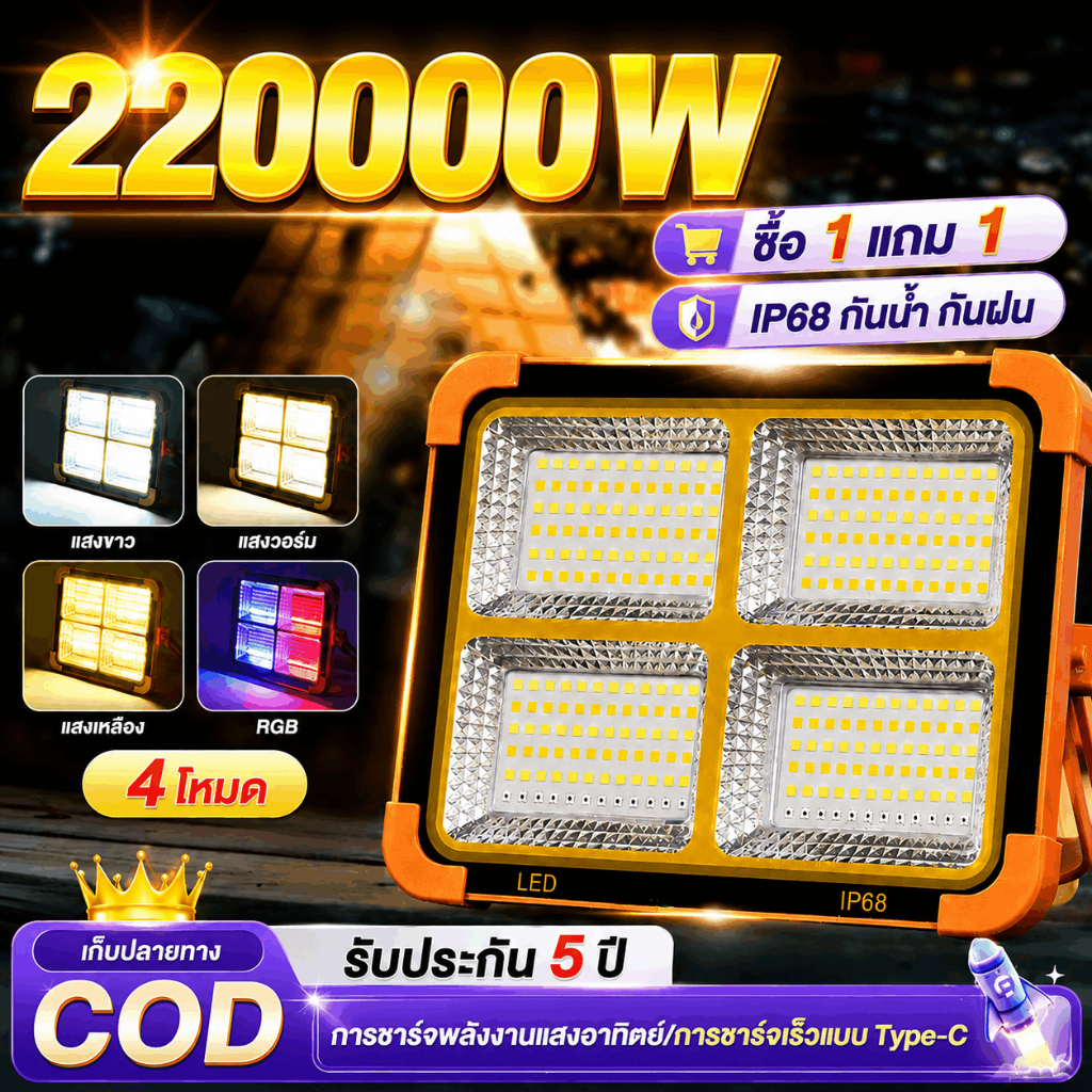 🔥1 แถม 1🔥ไฟแคมป์ปิ้งไฟสปอร์ตไลท์ 220000w กันน้ำIP66ไฟled โซล่าเซลล์ ปลีก/ส่ง ชาร์จไฟUSBไฟ4ระดับ+ไฟเตือน เปลี่ยนได้3สี