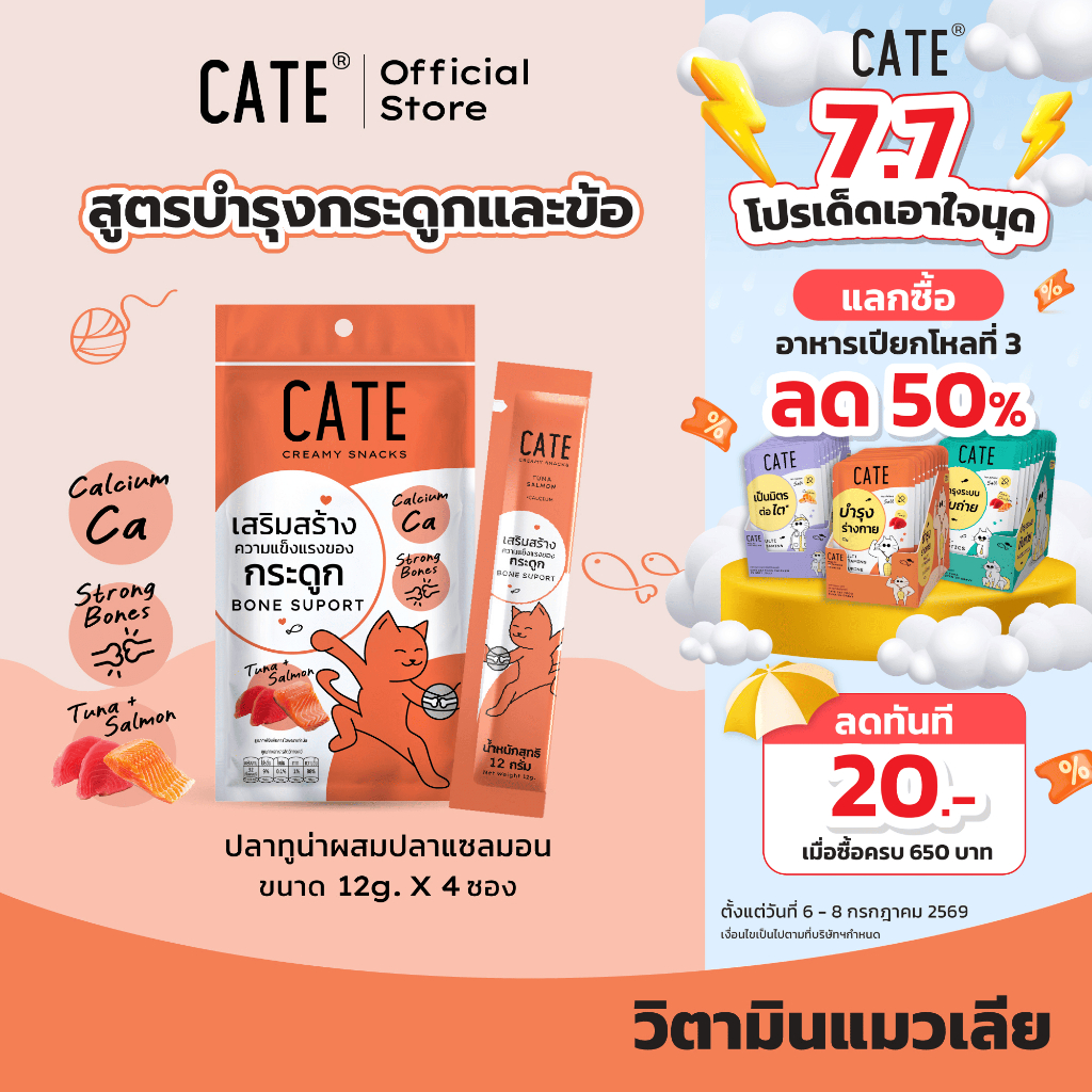 1 แพ็ค (4 ซอง) CATE เคท ขนมแมวเลีย รสทูน่าและแซลมอน ผสมแคลเซียม สูตรเสริมสร้างความแข็งแรงของกระดูก