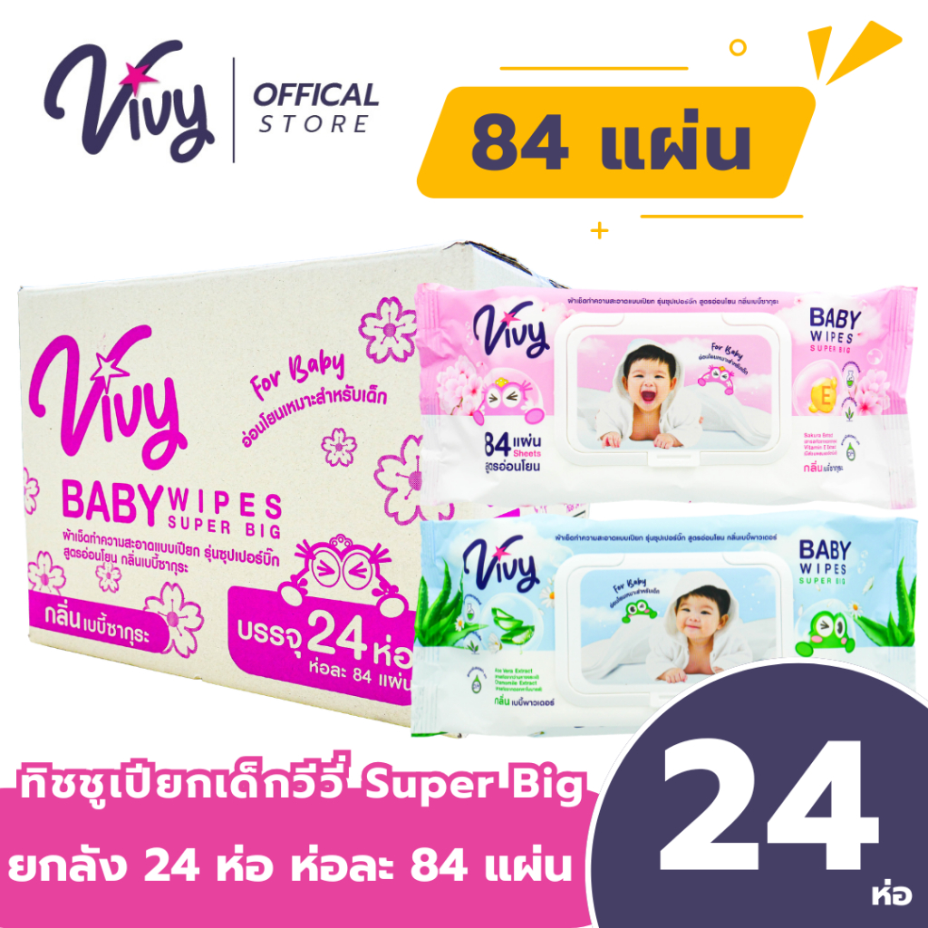 ยกลัง 24ห่อ Vivy Wet wipe Super Big ทิชชู่เปียกวีวี่ สำหรับเด็ก ยกลัง 24ห่อ ห่อละ 84แผ่น