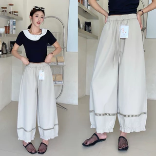 Reallyshops #26822(K) กางเกงขายาว แต่งฉลุ+ระบายปลายขา เอวยางยืด ผู้หญิง พร้อมส่ง
