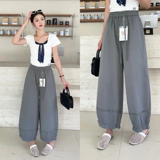 Reallyshops #26822(K) กางเกงขายาว แต่งฉลุ+ระบายปลายขา เอวยางยืด ผู้หญิง พร้อมส่ง