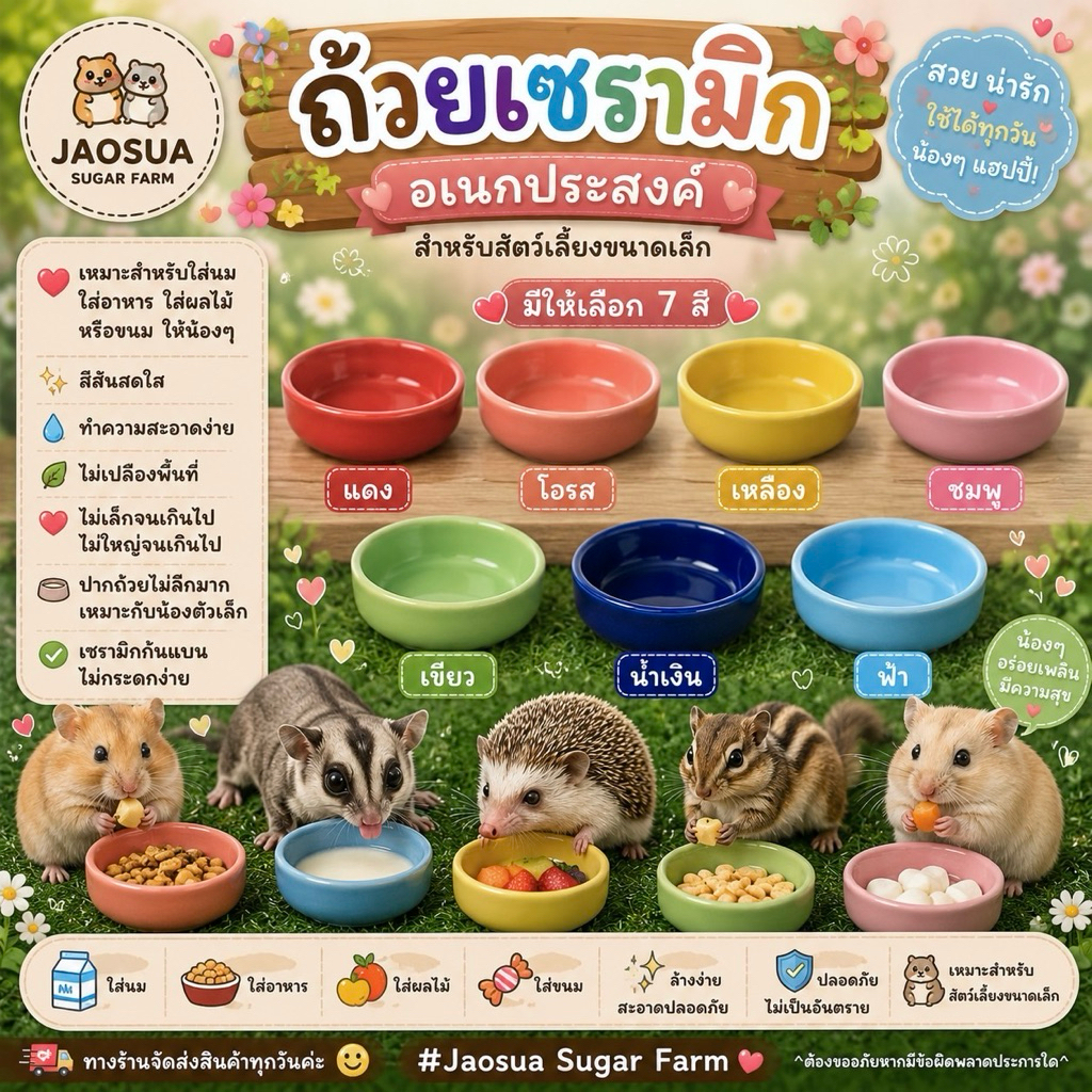 🥣✨ถ้วยเซรามิกสำหรับใส่นม 🌈 อาหาร หรือขนม สำหรับสัตว์เล็ก กว้าง 7 ซม. สูง 2 ซม. สีสันสดใสสุดๆ