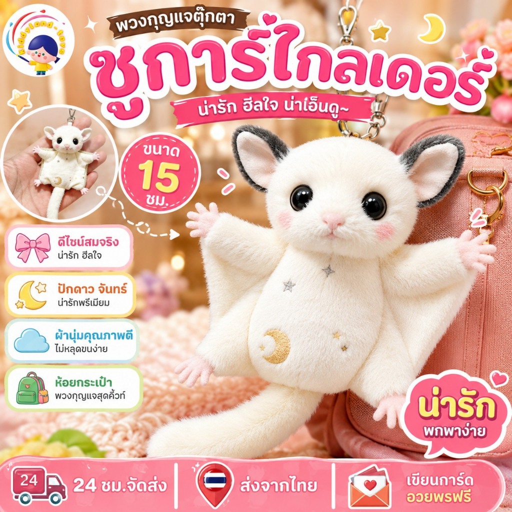 พวงกุญแจตุ๊กตาน่ารัก ชูการ์ไกลเดอร์ 15ซม. ห้อยกระเป๋า สายคิ้วท์ ผ้านุ่ม ไม่หลุดขน ของขวัญสุดฮิต