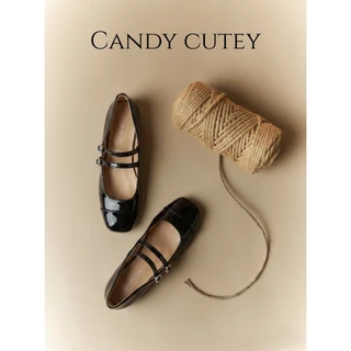 Candy Cutey รองเท้าแมรี่เจน หนังแก้ว ทรงหัวเหลี่ยมหน้าตัด โดดเด่นสะดุดตา เข้มสุดคลาสสิก สายหน้าเข็มขัดแบบคู่ สวมใส่สบาย