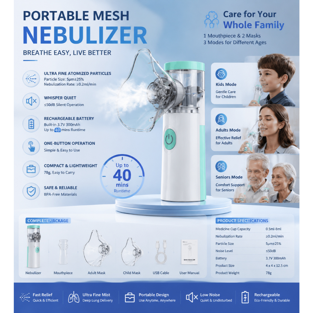 Portable Mesh Nebulizer Ultra Fine 5um Mist Deep Lung for Family Rechargeable Quiet