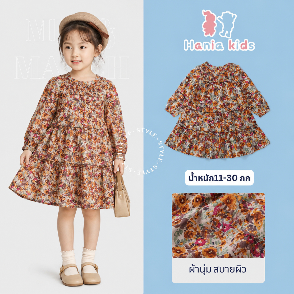 Hania kids พร้อมส่ง เดรสเด็กผู้หญิงลายดอกไม้ แขนยาว ระบายชั้น คอสม็อค หวานละมุน - K4135228