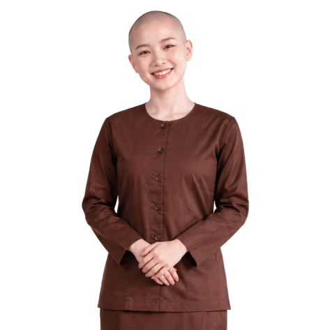 เสื้อสีน้ำตาลเข้ม(สีกรัก)แขนยาว(ต่อแขน)เสื้อใส่ทำงานของแม่ชีและพระ/ผ้าถุง/ผ้าครอง(สไบครอง)สีน้ำตาล ตรา รัตนาภรณ์