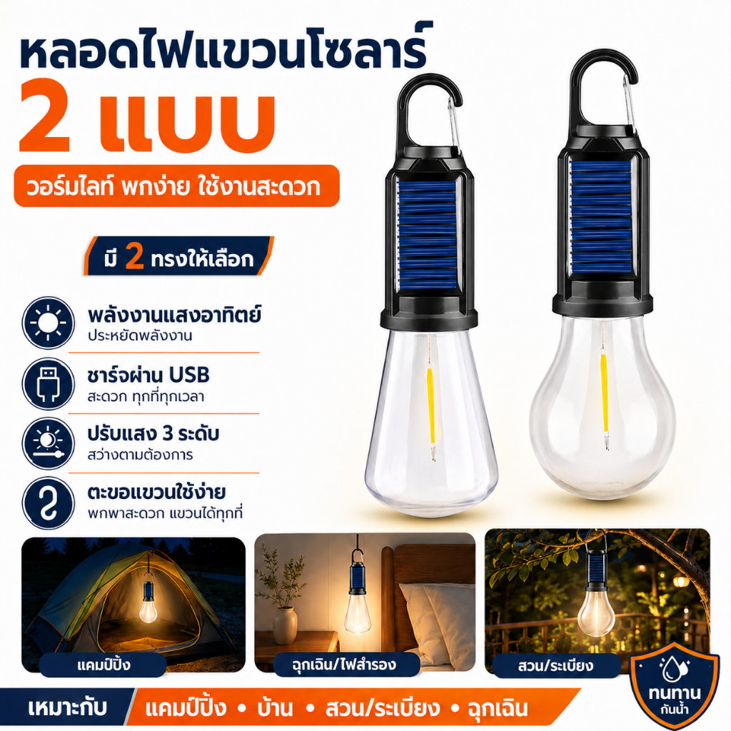 Evora พลังงานแสงอาทิตย์  หลอดแอลอีดี หลอดลวดทังสเตน กันน้ำ ไฟกลางแจ้ง สินค้าชำรุดเปลี่ยนชิ้นใหม่ฟรี ประหยัดพลังงานมาก