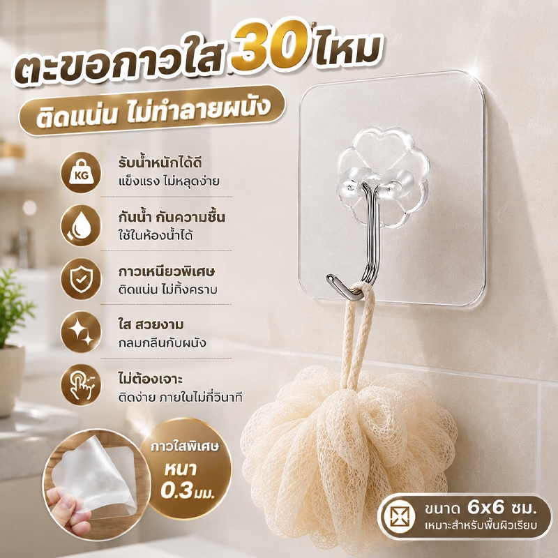 แผ่นตะขอใส หนา 30 ไมครอน ติดแน่น กันน้ำ ใช้ในห้องน้ำได้ กลมกลืนกับผนัง