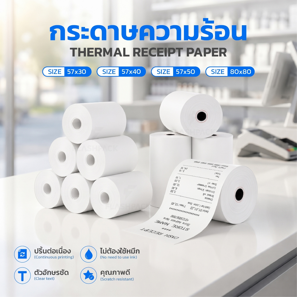 กระดาษใบเสร็จ 80x80 57x50 57x40 57x30 กระดาษความร้อน ใบเสร็จ บิล ไม่ต้องใช้หมึก กระดาษโพส