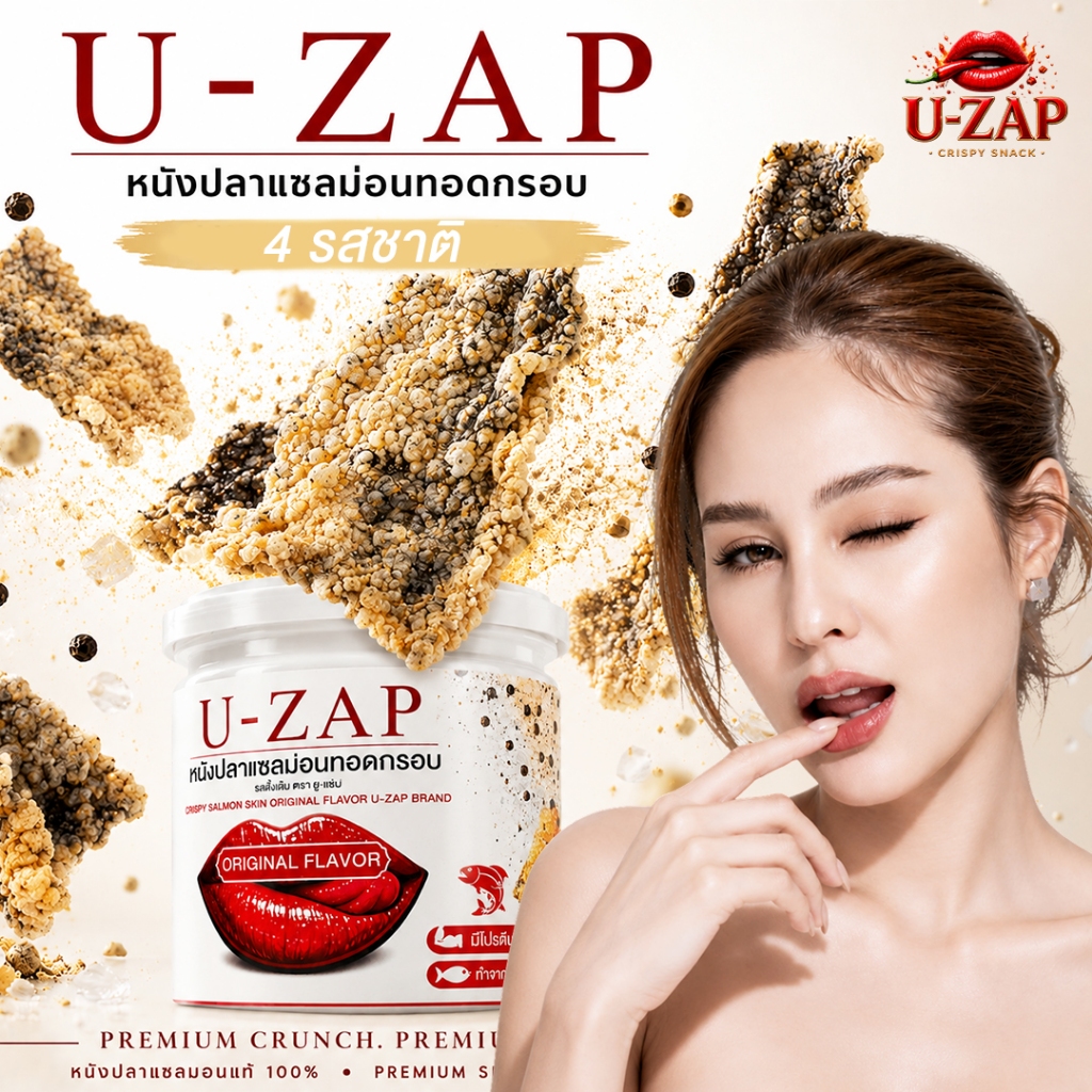 U-ZAP หนังปลาแซลมอนทอดกรอบ พร้อมผงปรุงรส 4 รสชาติ | Premium Chicken Snack | 25 กรัม
