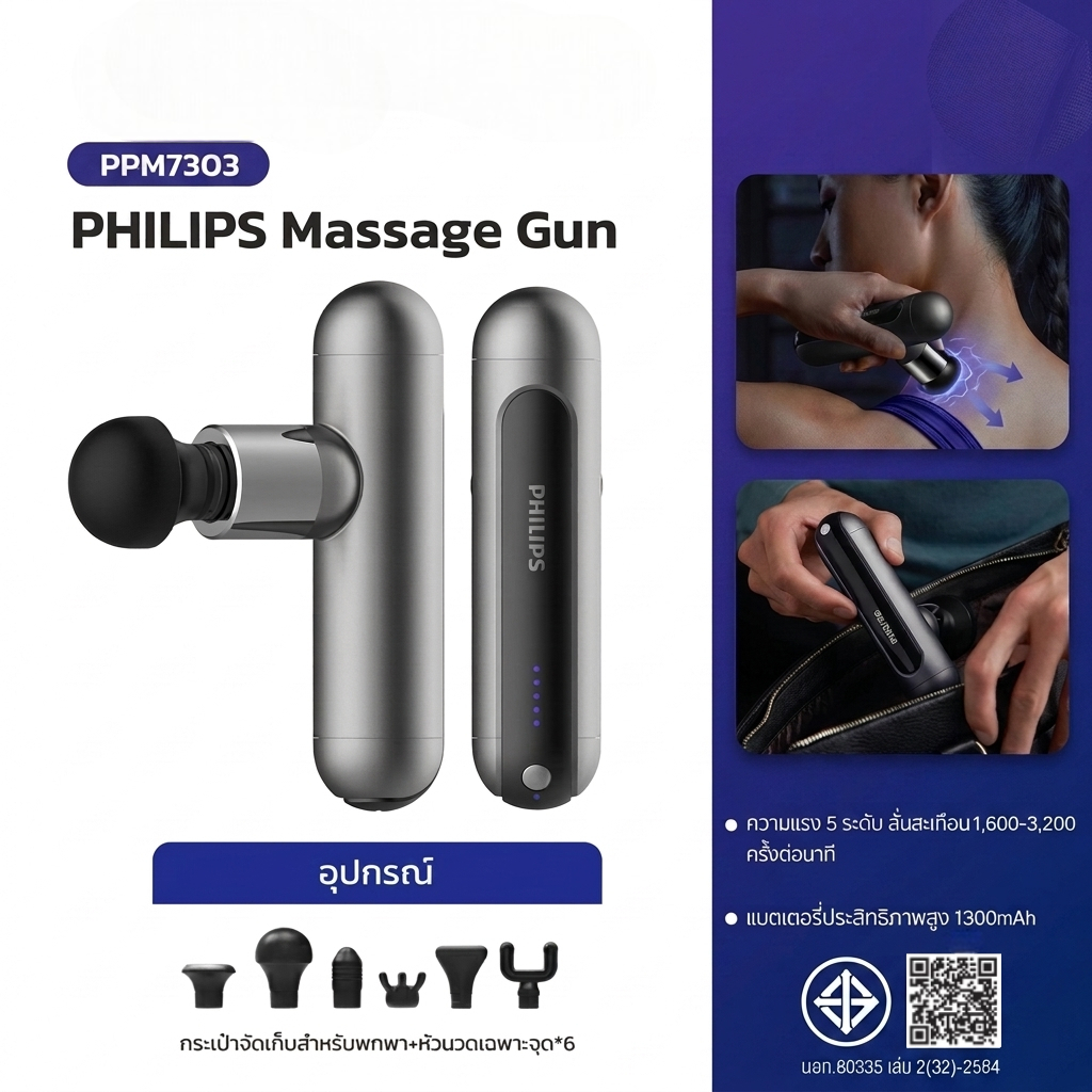 Philips PPM7303 Massage Gun ปืนนวดคลายกล้ามเนื้อ อุปกรณ์นวด ปืนนวดไฟฟ้า - รับประกัน 2 ปี