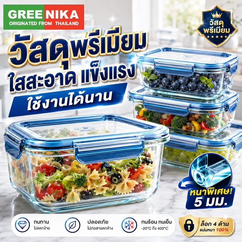 GREENIKA กล่องแก้วเก็บอาหาร ถนอมอาหาร มีซีลยางกันรั่วซึม ฝาล็อค2ชั้น ใช้ในตู้เย็นได้และเข้าไมโครเวฟได้