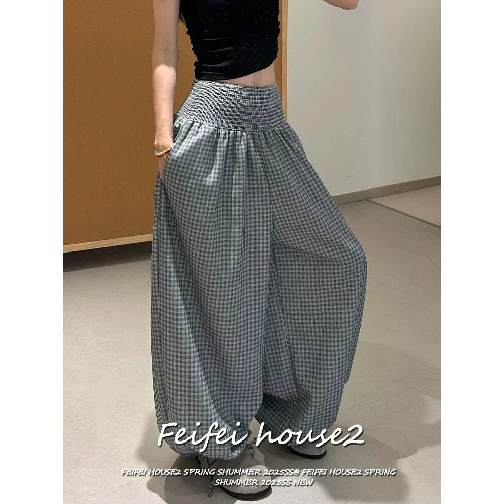 [Feifei-Color-block plaid trousers]กางเกงขากว้างผู้หญิงสไตล์ลำลองลายตารางสีตัดรอยย่นมีเชือกรัดข้อเท้า