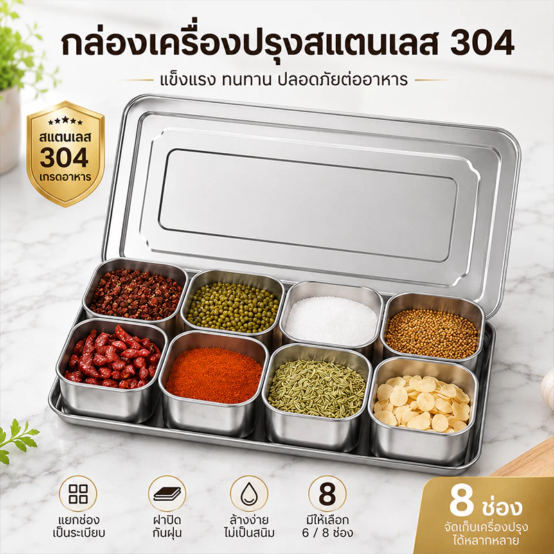 กล่องปรุงสแตนเลส304 6/8ช่อง แยกเก็บเครื่องเทศกันฝุ่น ฝาปิดแน่น ล้างง่าย ทนทาน ดีไซน์สวย หลายใช้ ครัวบ้านร้านอาหาร